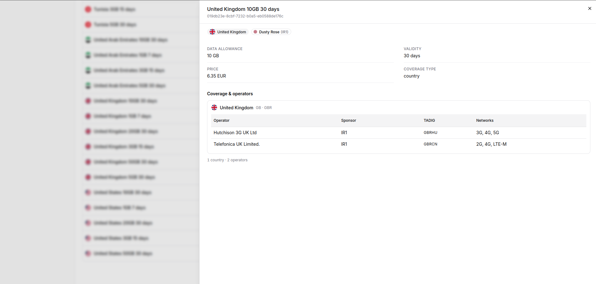 Bappy plan details modal showing UK operators and network types