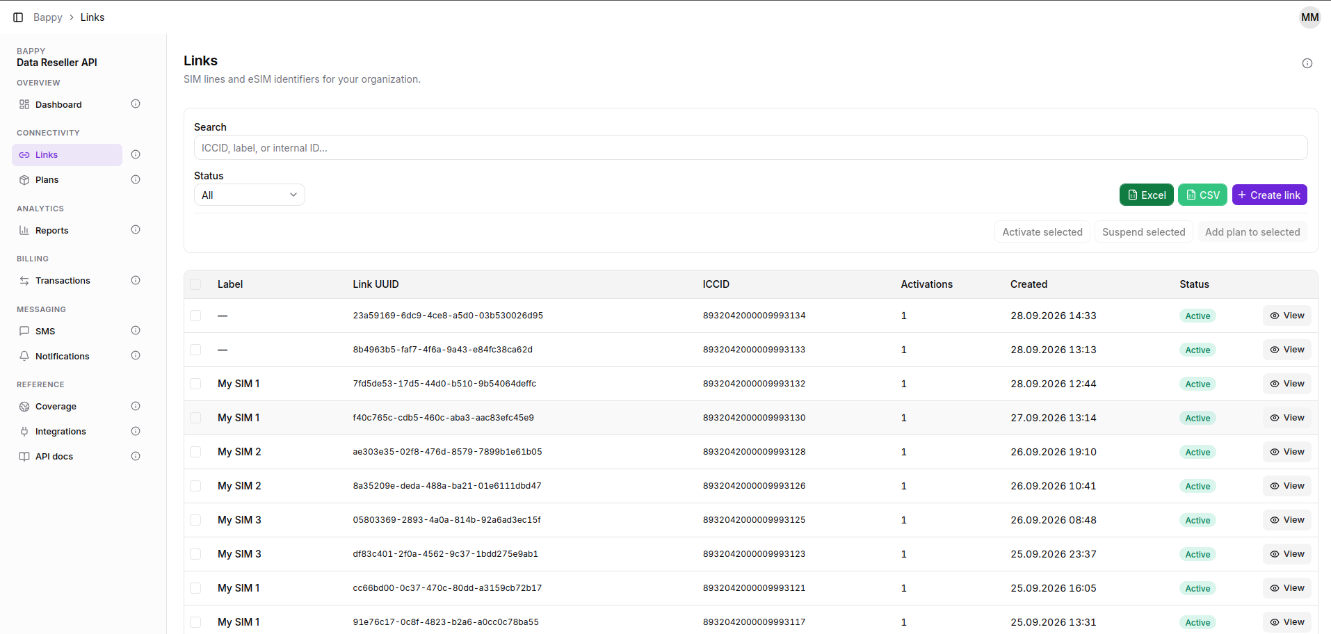 Bappy links table for managing ICCIDs and eSIM identifiers