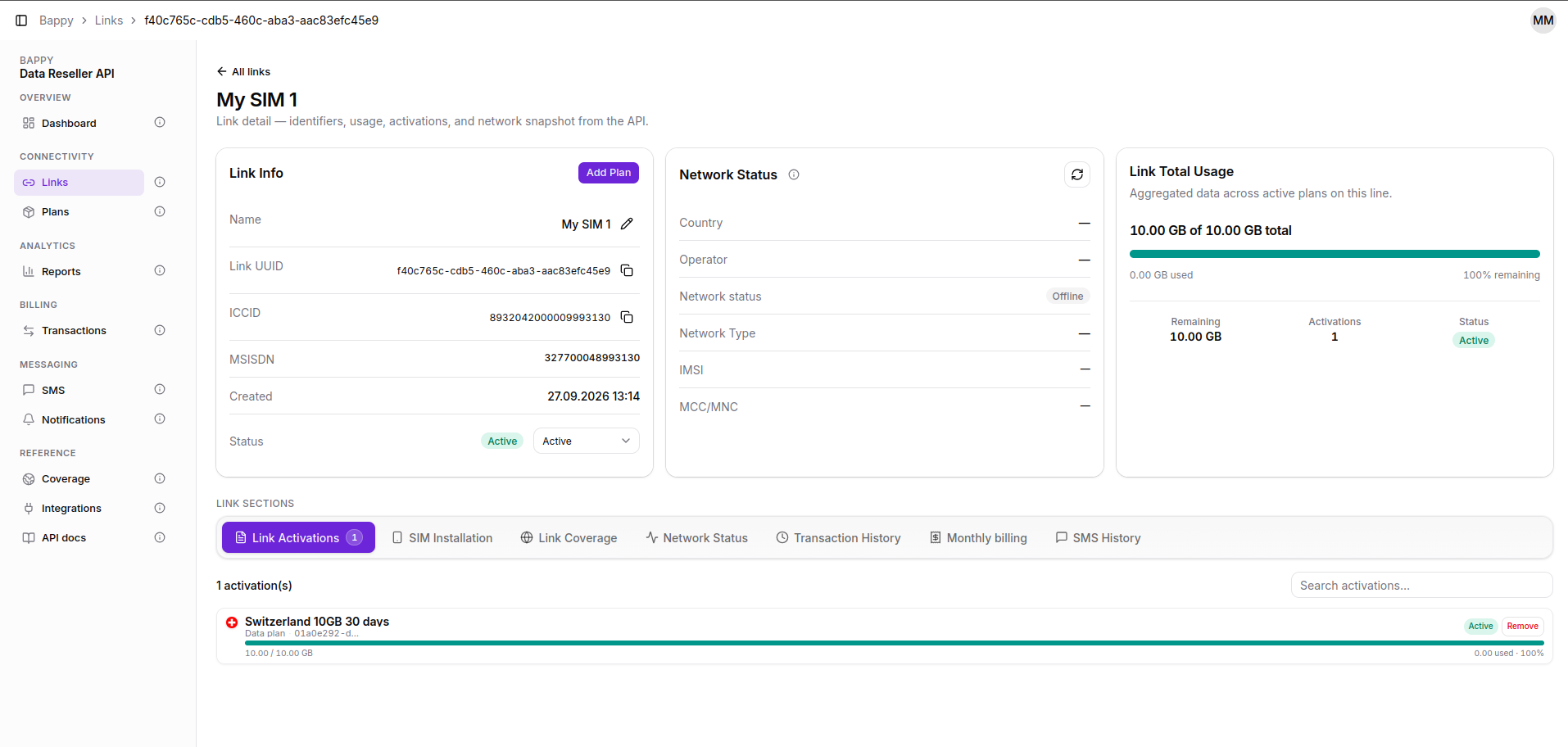 Bappy link detail page with usage meters and active plans