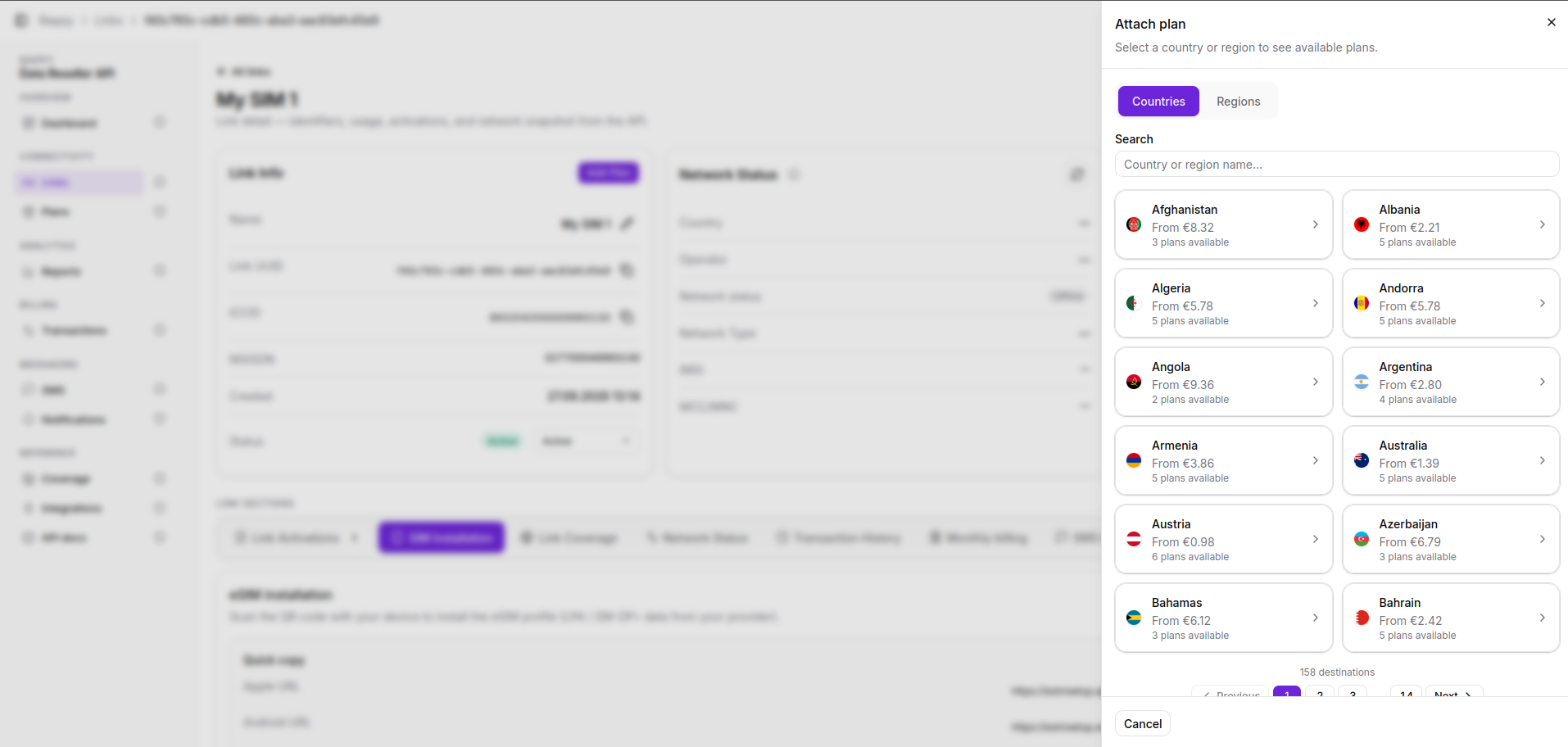 Attach plan drawer with country catalog in Bappy console