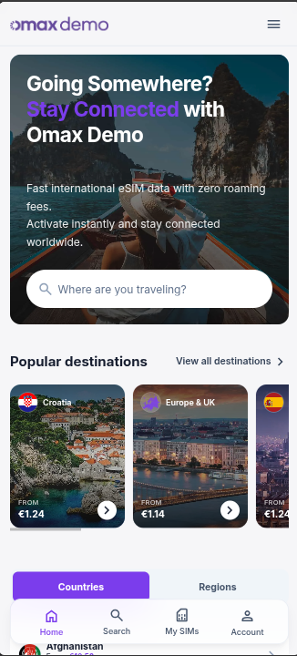 White-label eSIM storefront on mobile showing country plans and checkout