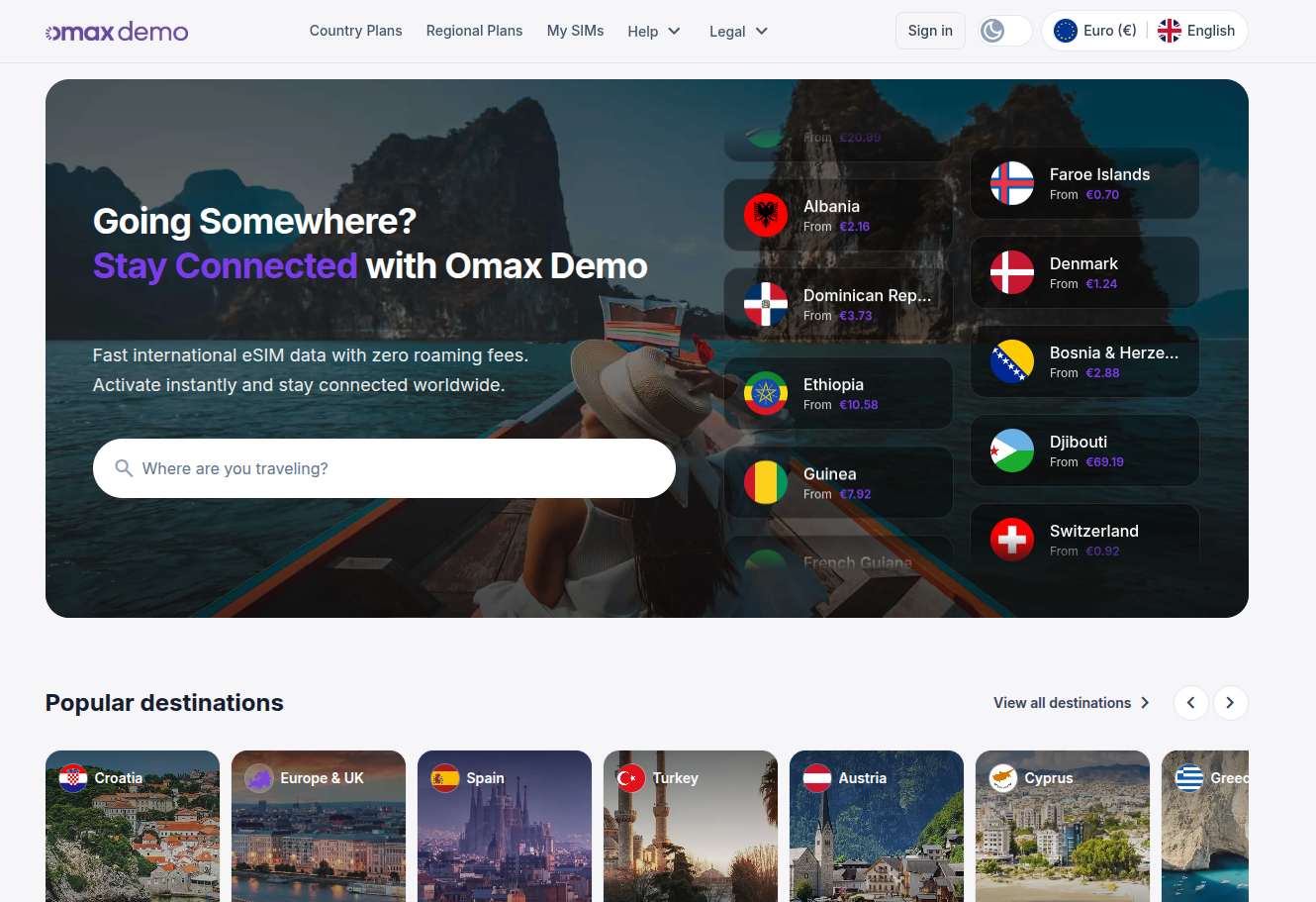 White-label eSIM web storefront with country plans, pricing, and branding
